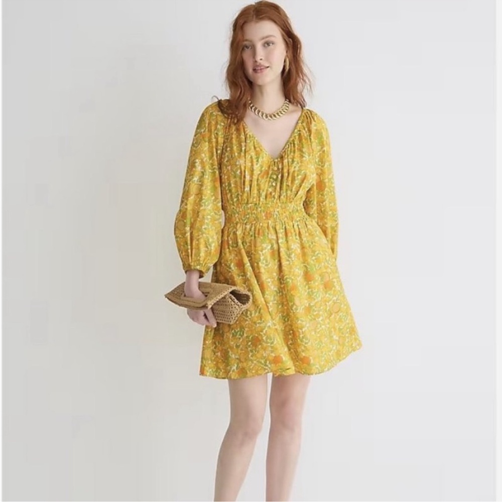 J. Crew V-Neck Cotton Lawn Mini Dress in Limone Print